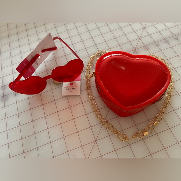 a new day Handbags - Heart-Shaped Red Mini Bag with Gold Chain & matching heart shaped glasses